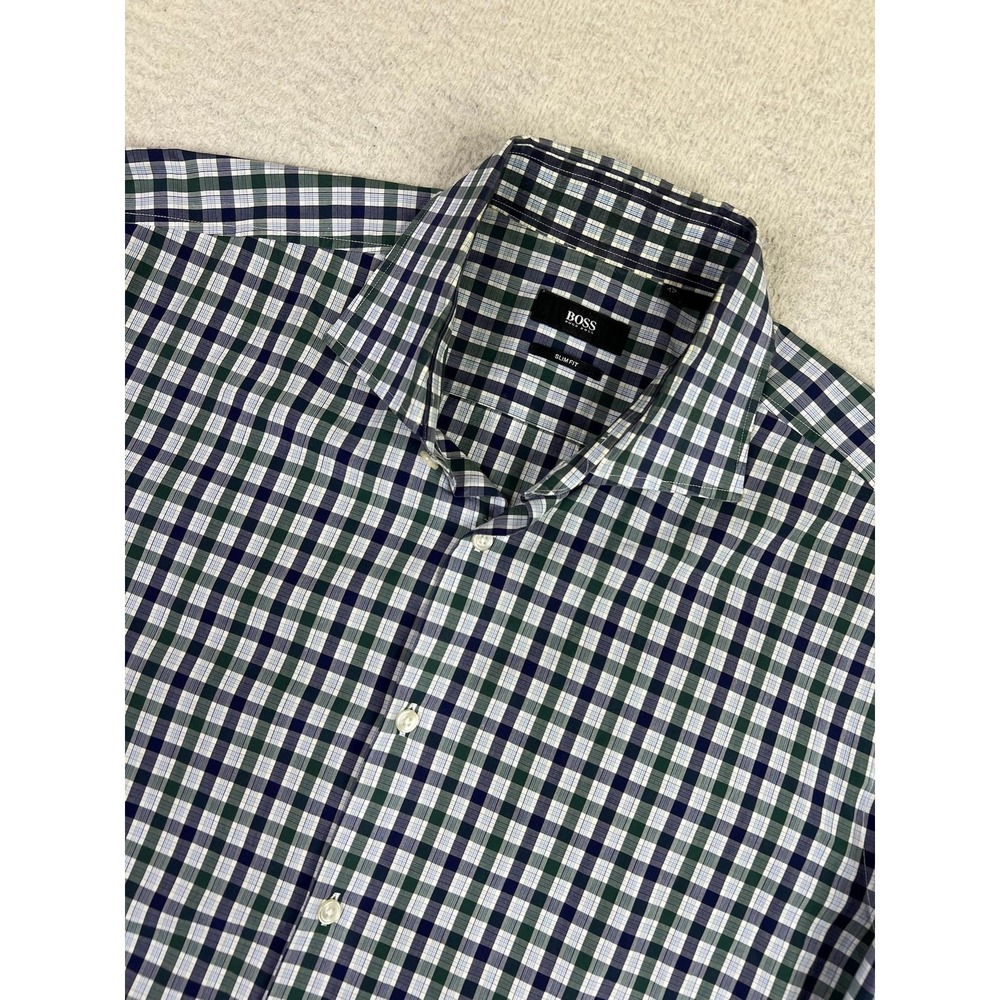 Hugo Boss Shirt Mens‎ 17 43 Green Blue Check Plaid Slim Fit Dress Long Sleeve